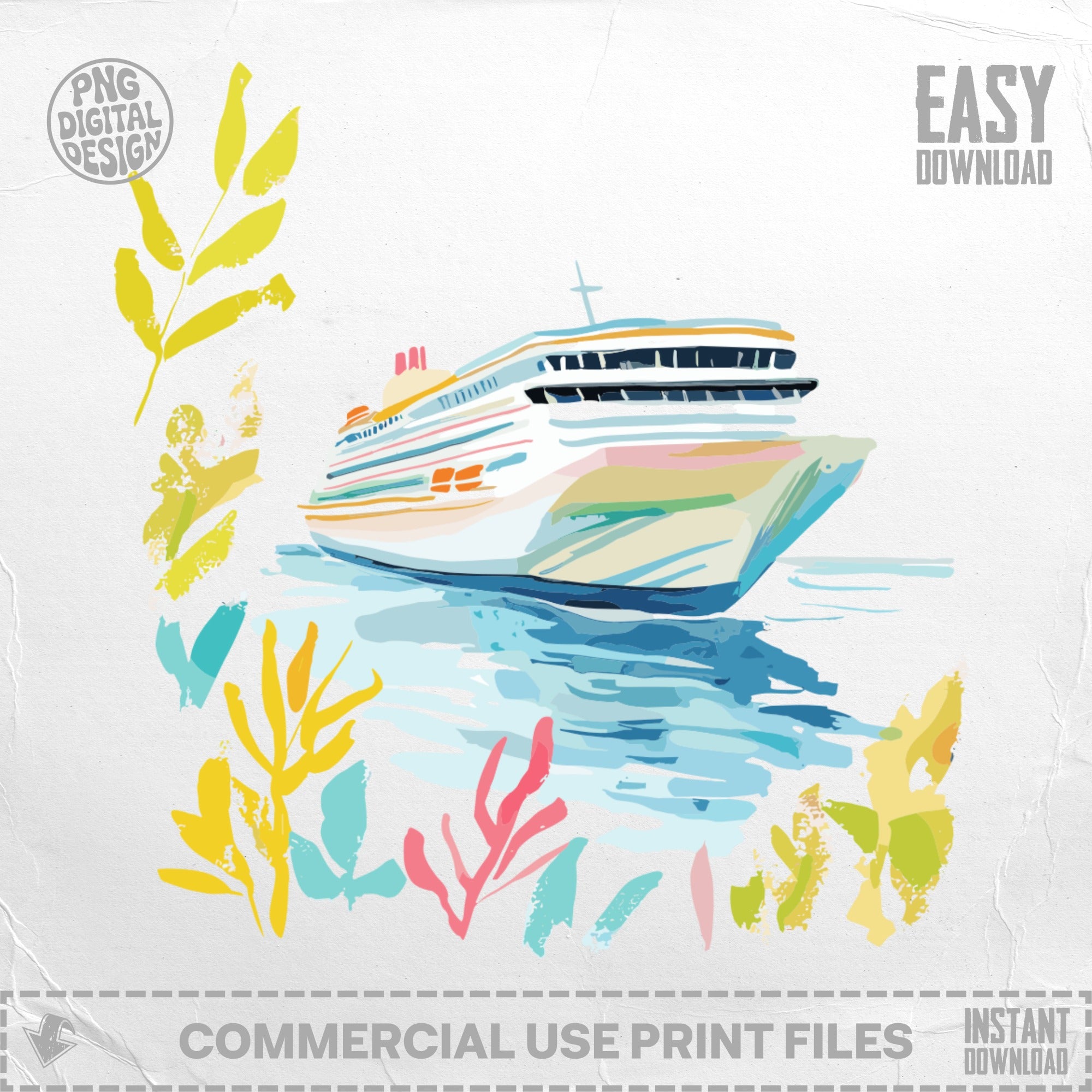 Cruise ship sailing on water with colorful abstract foliage.
