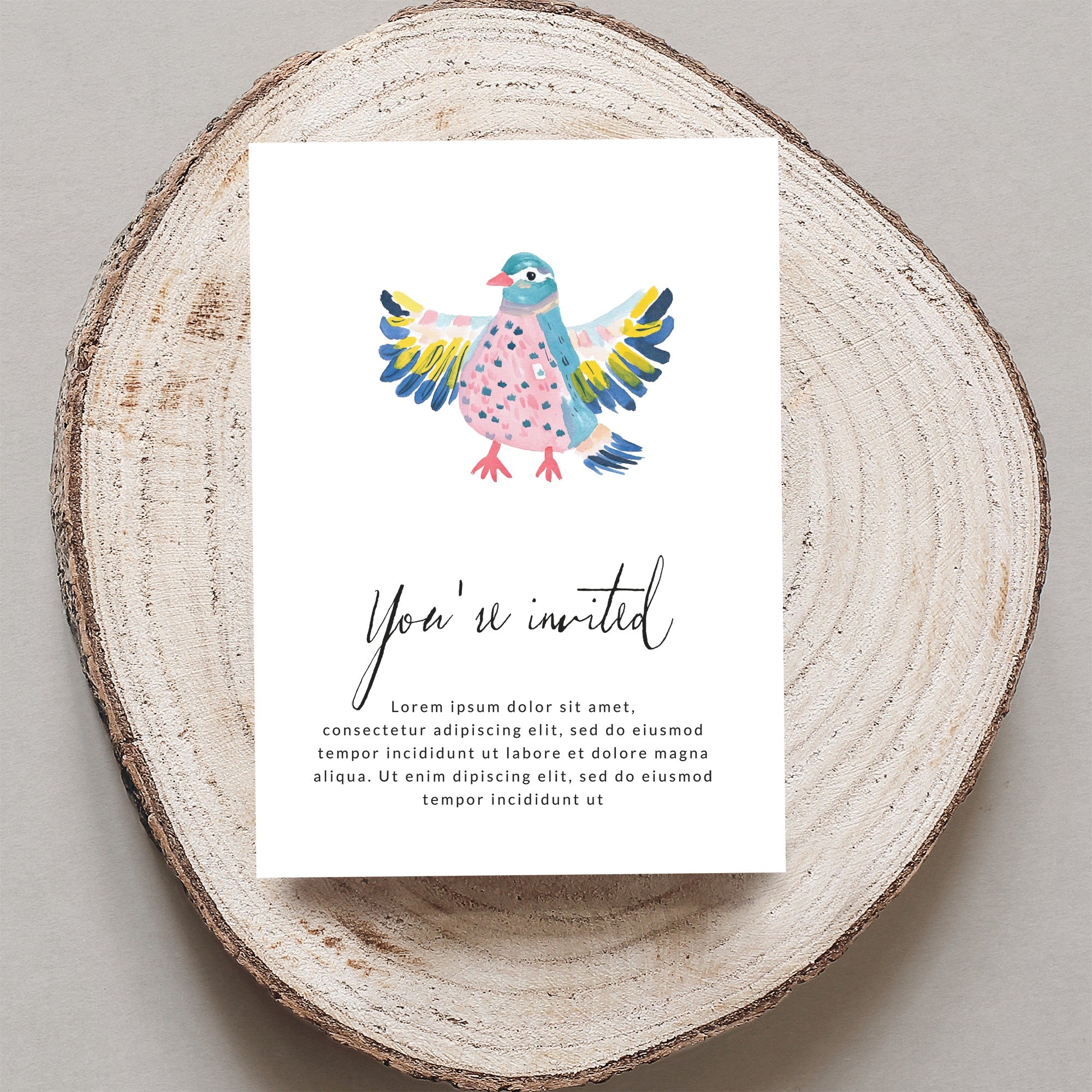 Whimsical bird illustration on an invitation card with "You're invited" text.