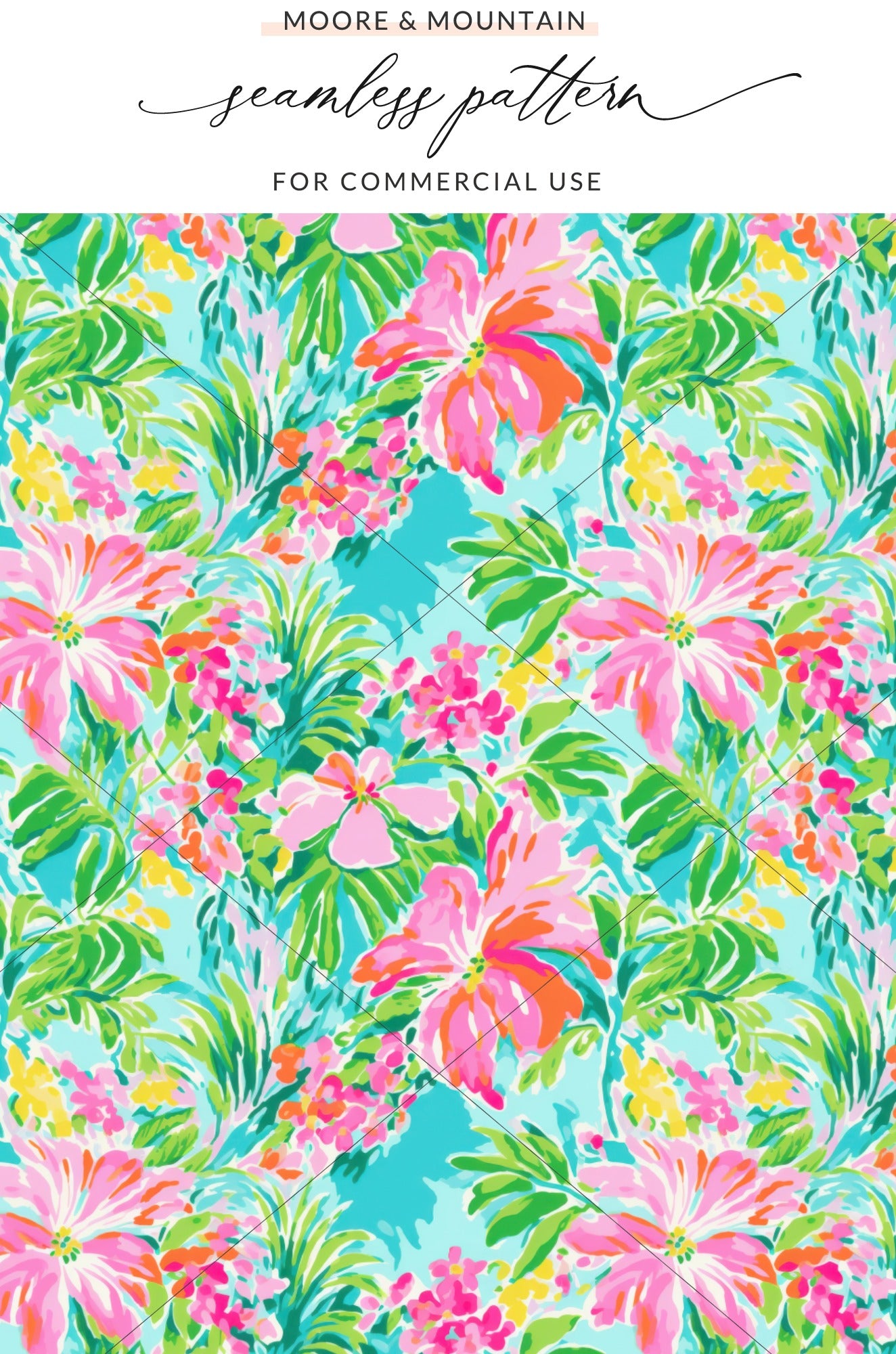 Lilly Pulitzer style floral pattern in pink, green, and yellow on a turquoise background.