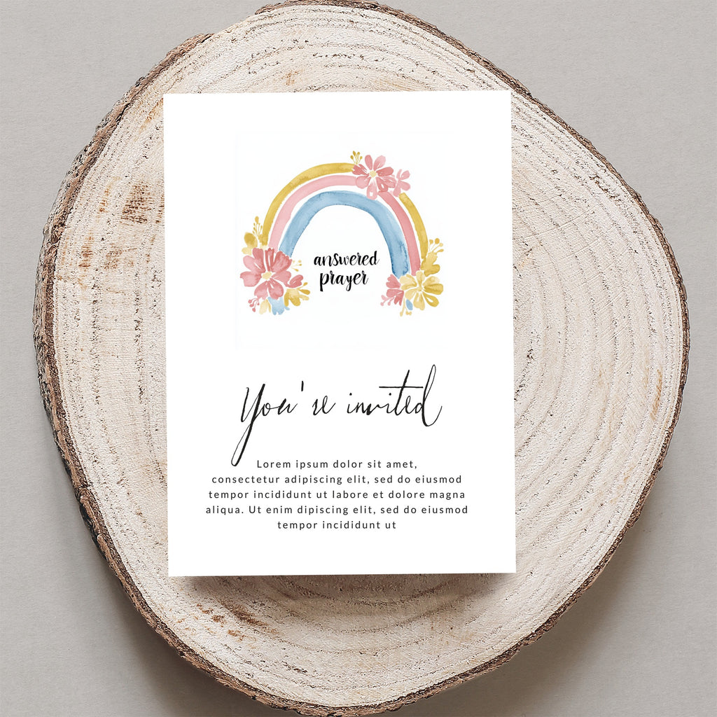 Invitation card with rainbow and floral design, reads "answered prayer" and "You're invited".