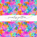 Floral seamless pattern with hand-drawn flowers and abstract dots in bright pink, blue, and orange.