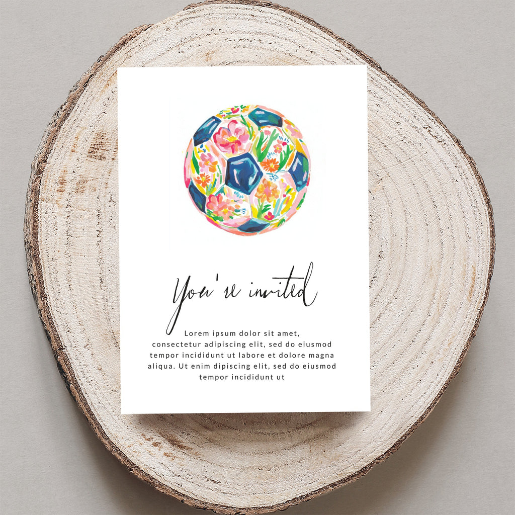 Invitation with floral soccer ball and placeholder text.