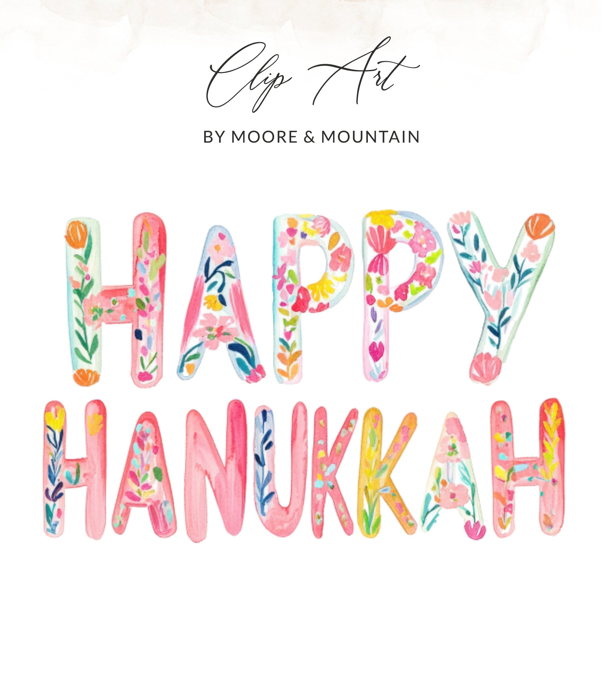 Happy Hanukkah lettering with watercolor floral accents.