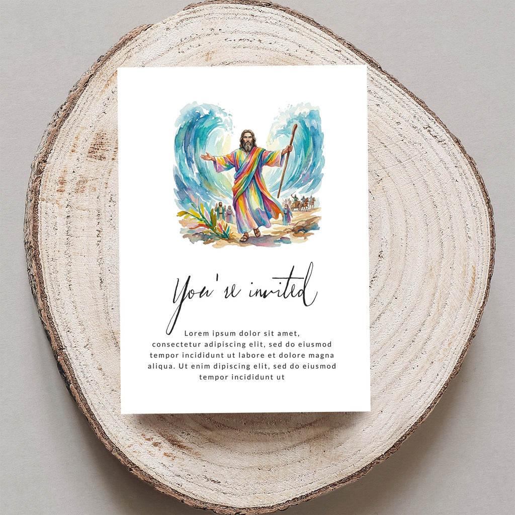 Invitation with Moses parting the Red Sea and "You're invited" text.
