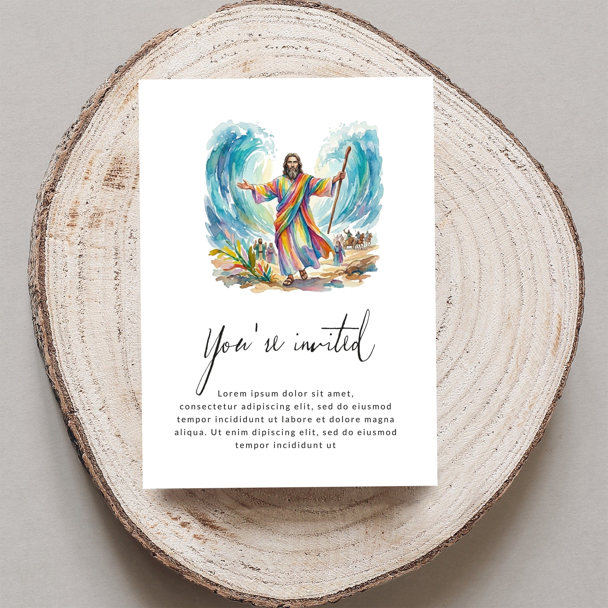 Invitation with Moses parting the Red Sea and "You're invited" text.