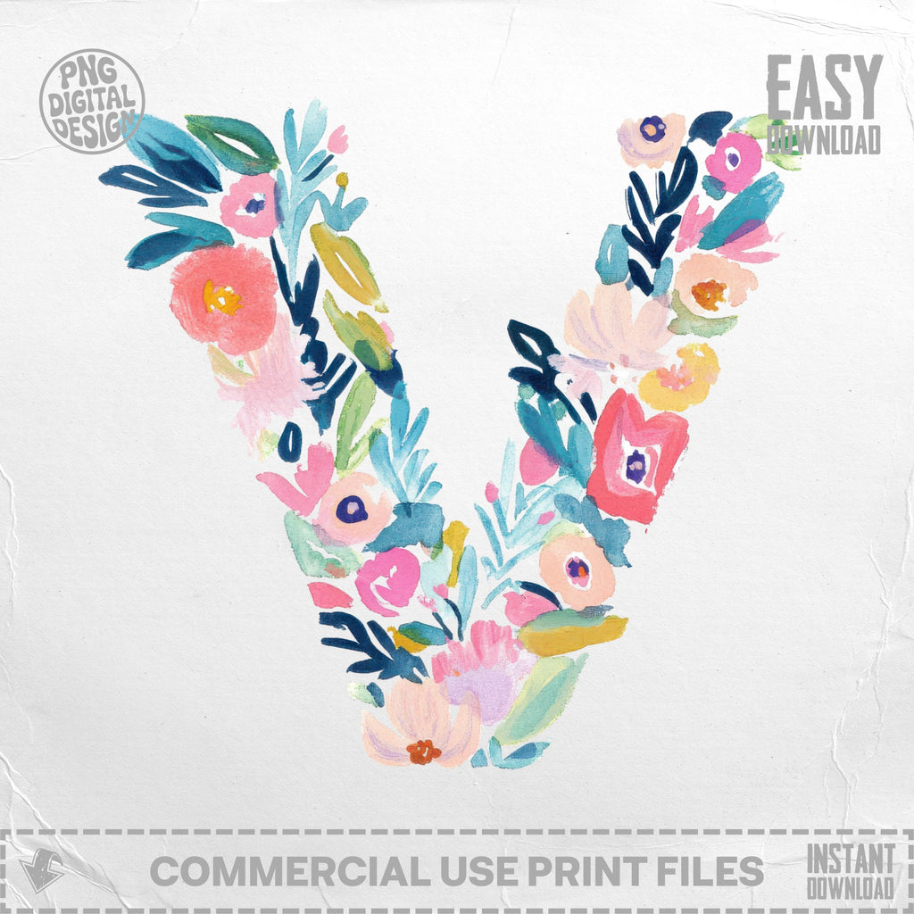 Floral letter V in watercolor with "EASY DOWNLOAD" and "COMMERCIAL USE PRINT FILES" text.