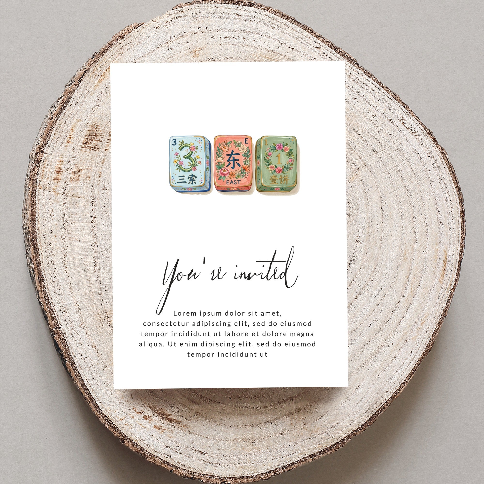 Invitation with "You're invited" text and decorative Chinese tile motifs.