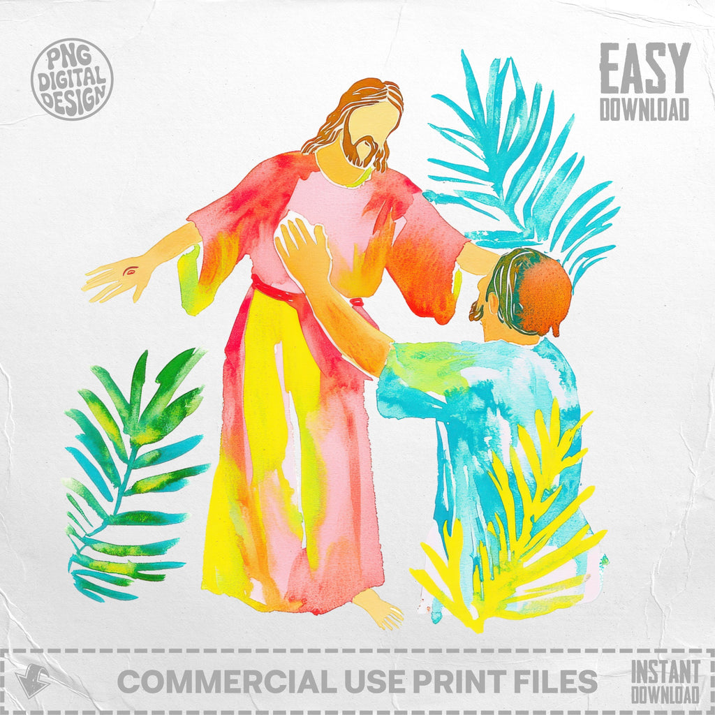 Jesus healing a kneeling man, with colorful palm fronds.