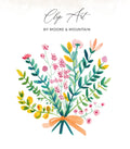 Watercolor floral clip art with text "Clip Art by Moore & Mountain".