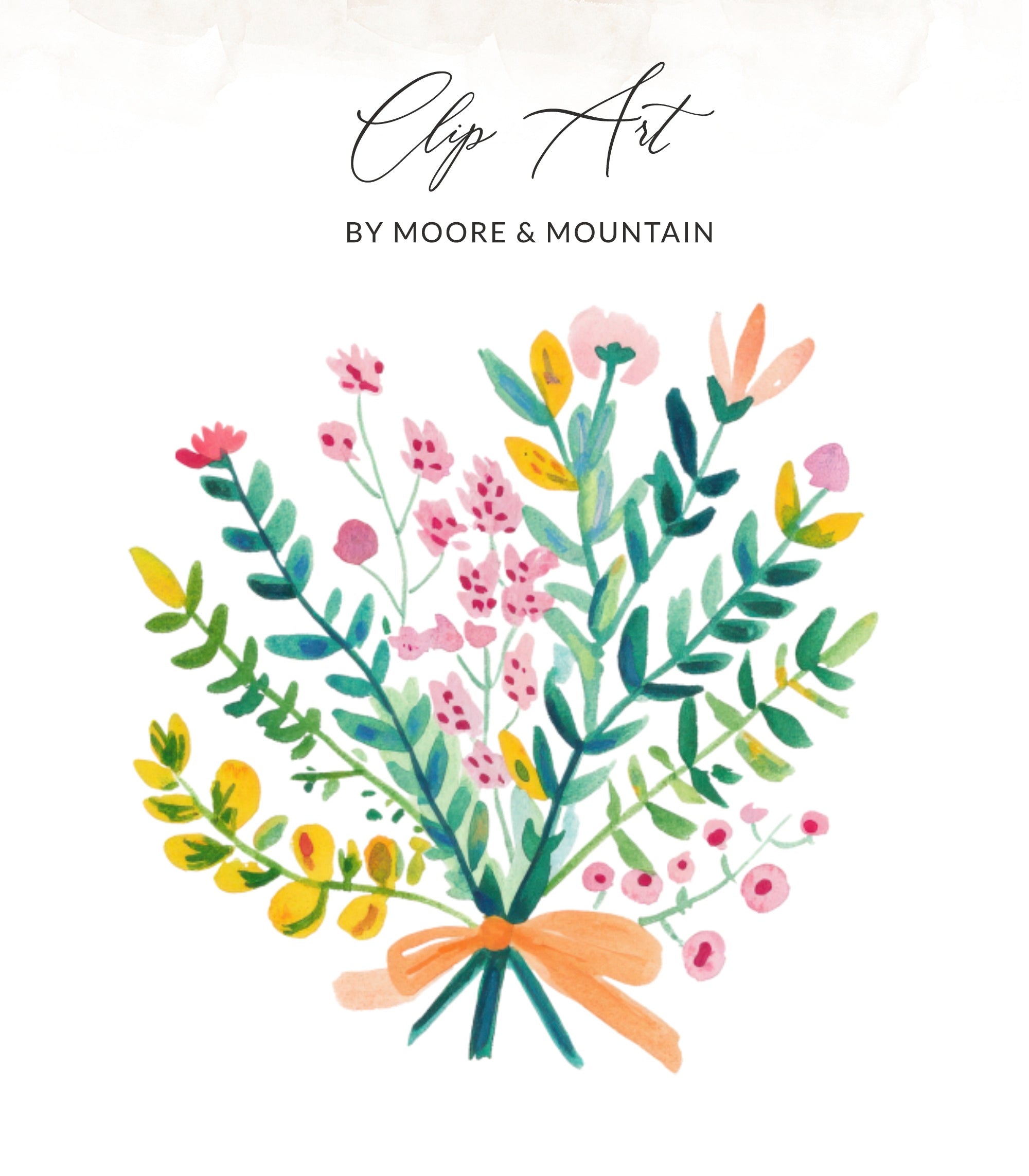 Watercolor floral clip art with text "Clip Art by Moore & Mountain".