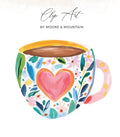 Watercolor coffee mug with a heart design and floral accents.