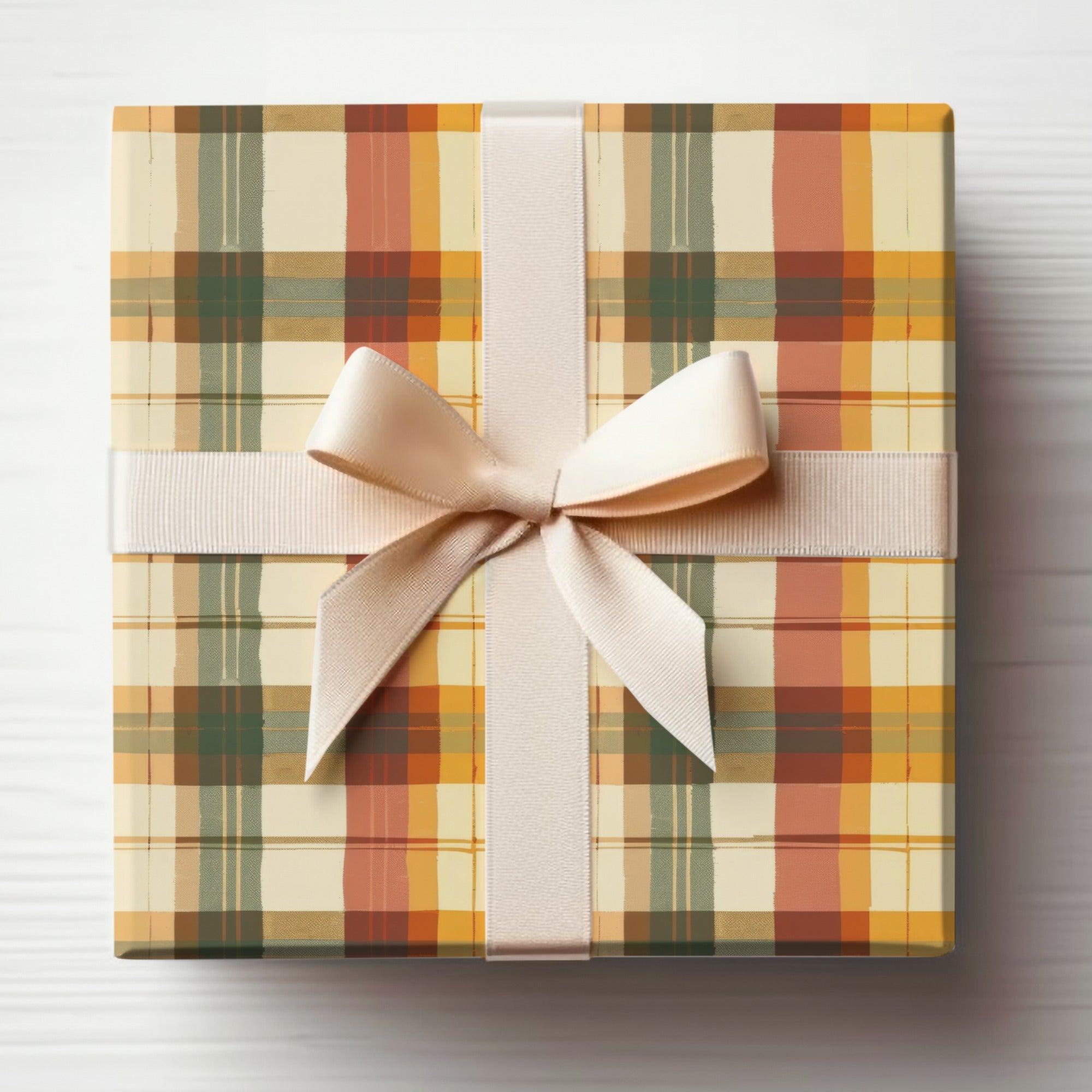 Elegant Plaid Gift Box With Off-White Ribbon Bow