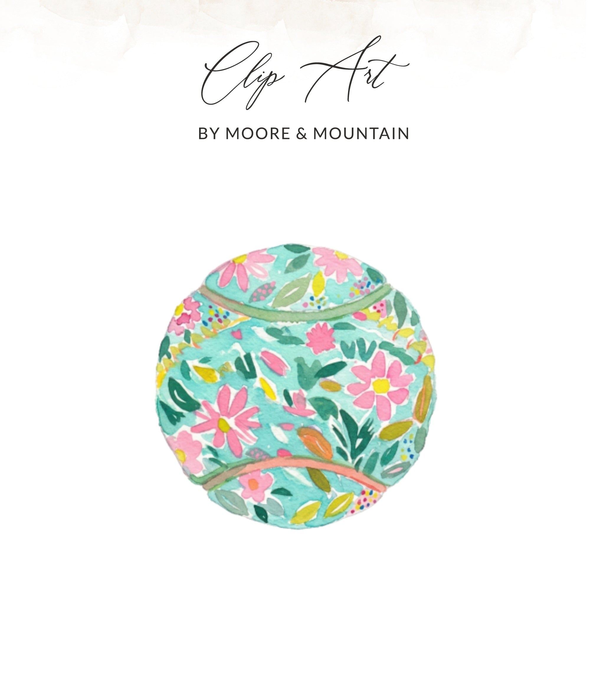 Floral tennis ball illustration with text "Clip Art by Moore & Mountain".