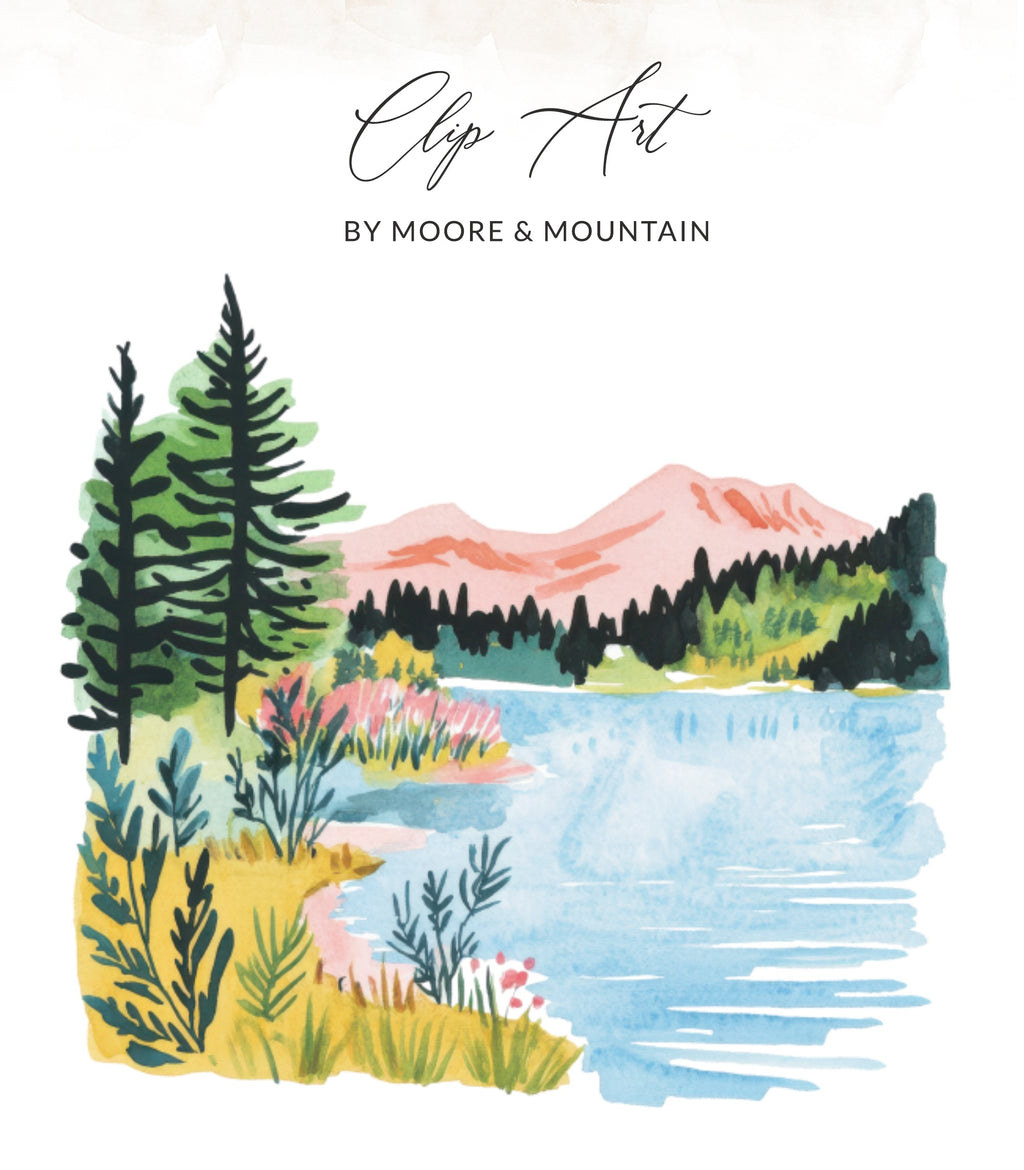 Watercolor landscape of a lake, trees, mountains, and wildflowers.
