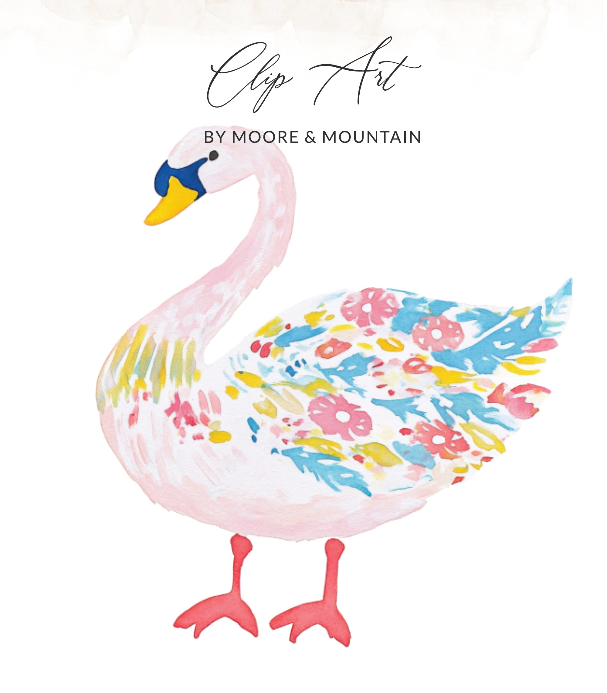 Pink swan with colorful floral pattern and text "Clip Art by Moore & Mountain".
