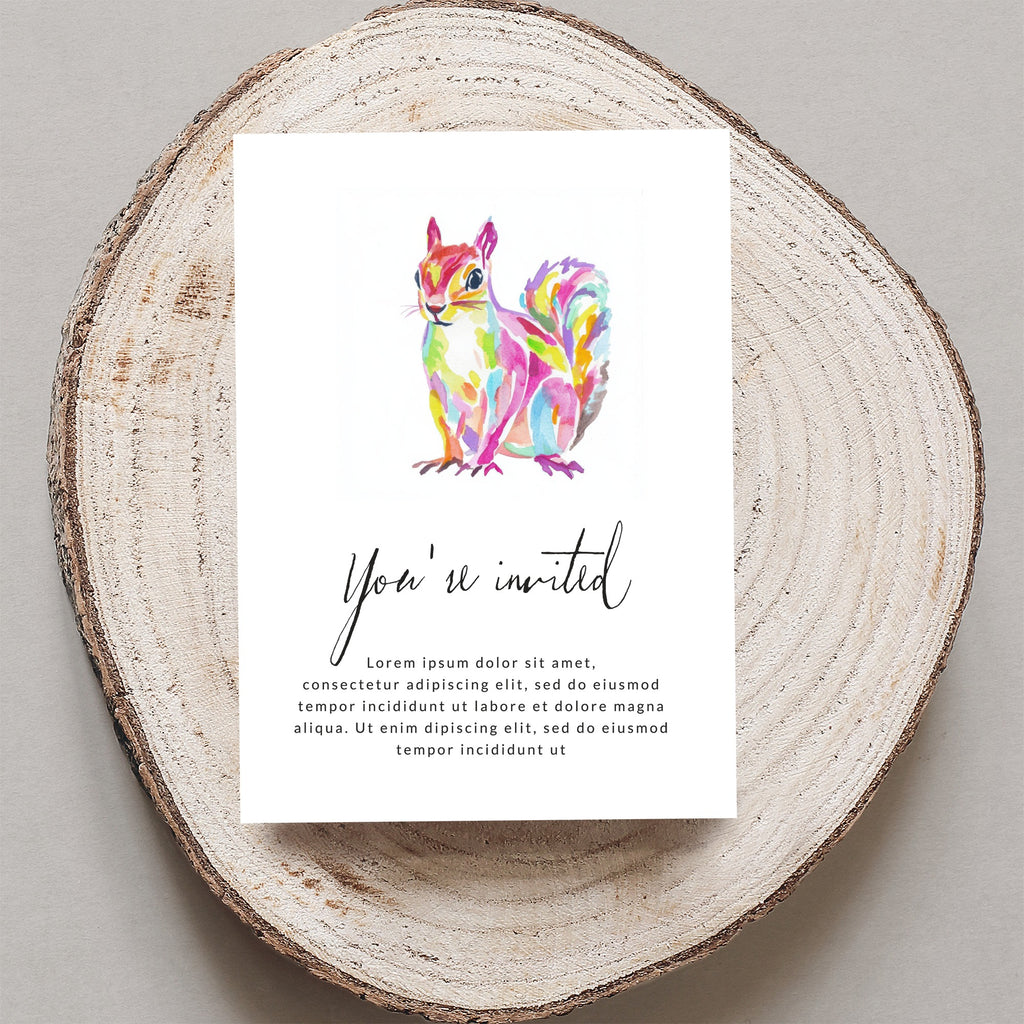 Watercolor squirrel invitation with "You're invited" and placeholder text.