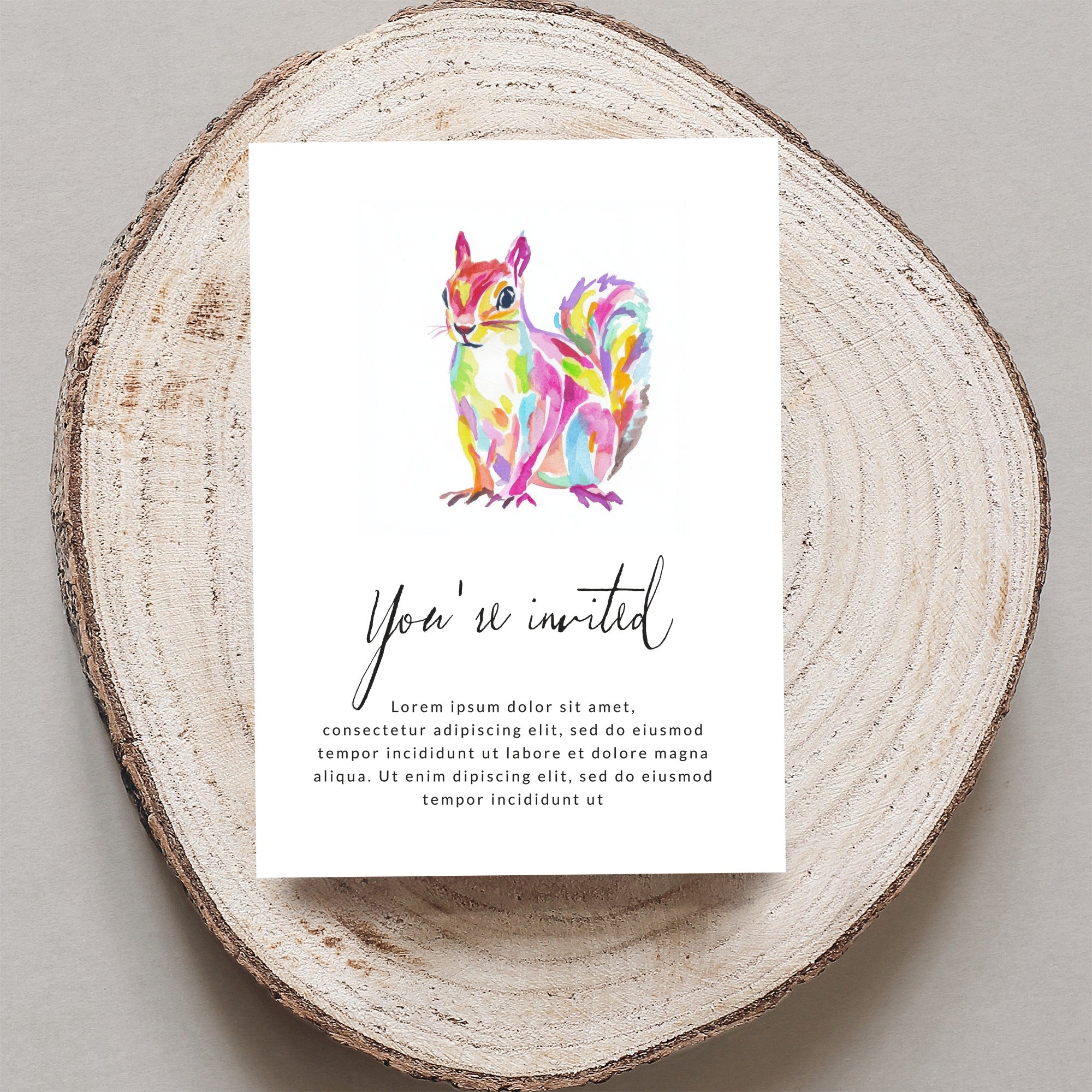Watercolor squirrel invitation with "You're invited" and placeholder text.