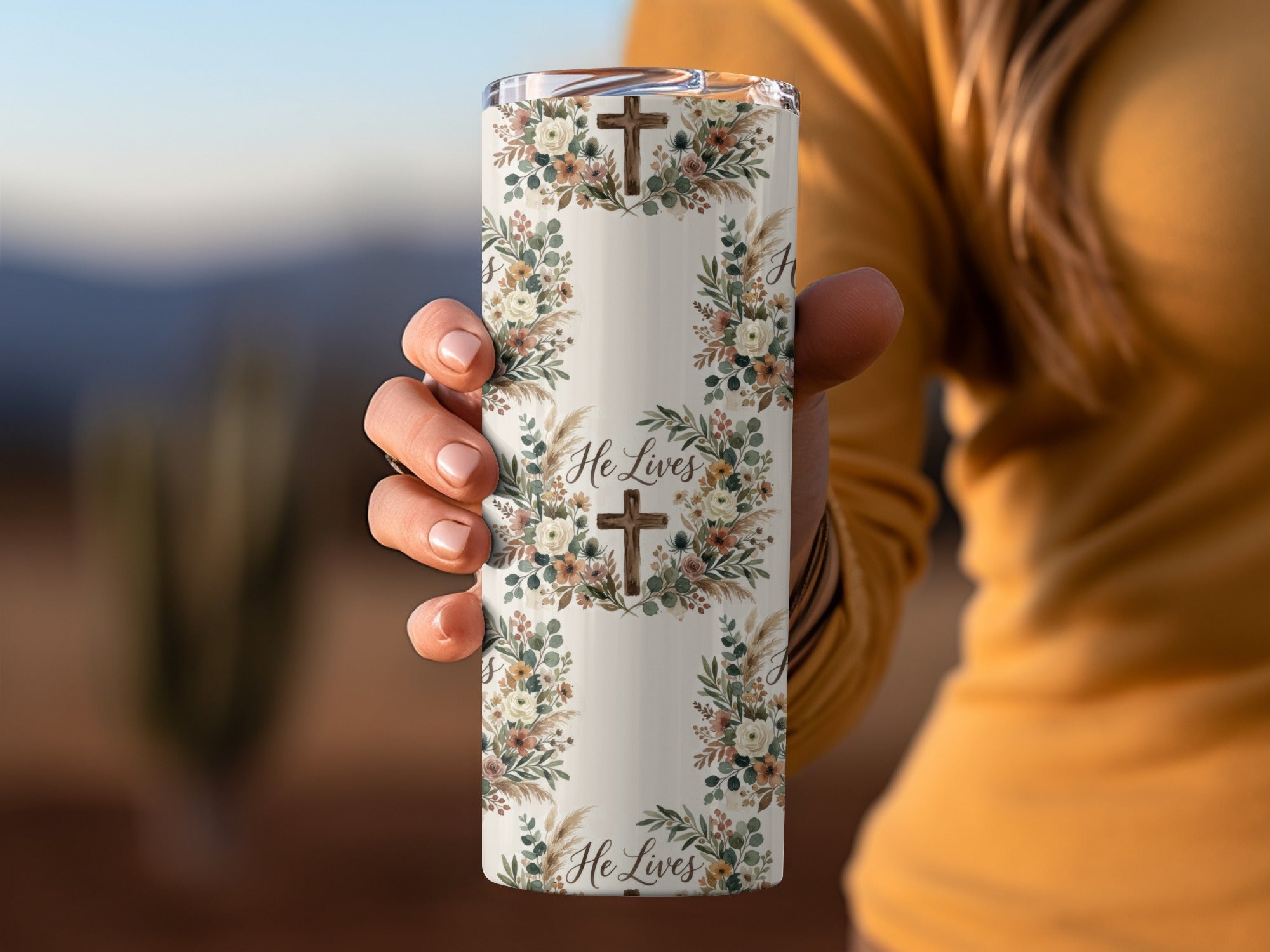 He Lives Christian Cross Floral Wreath Tumbler product type