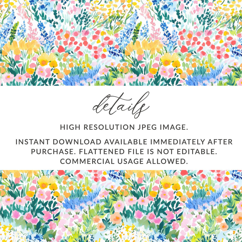 Floral watercolor pattern with text about instant download and commercial use.