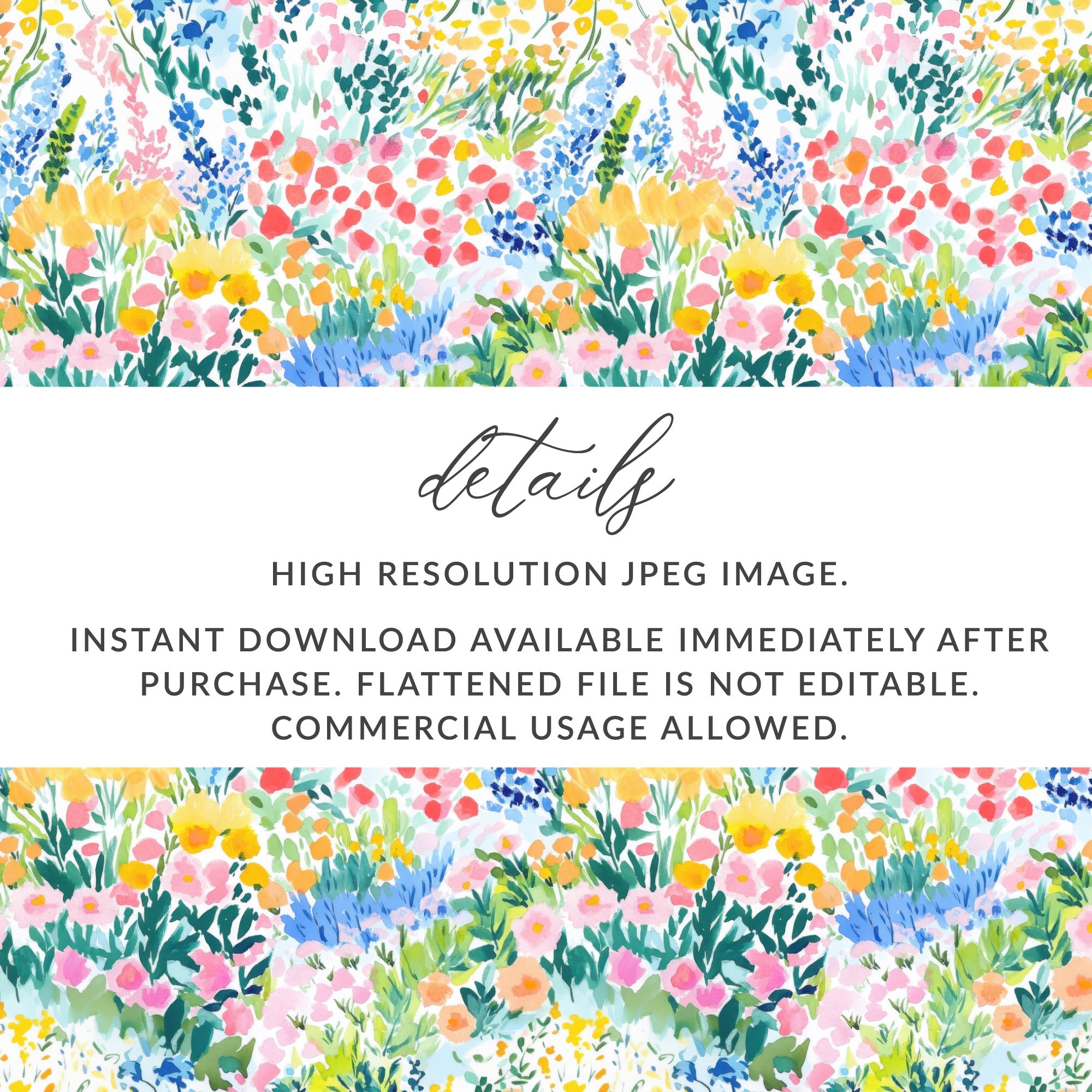 Floral watercolor pattern with text about instant download and commercial use.