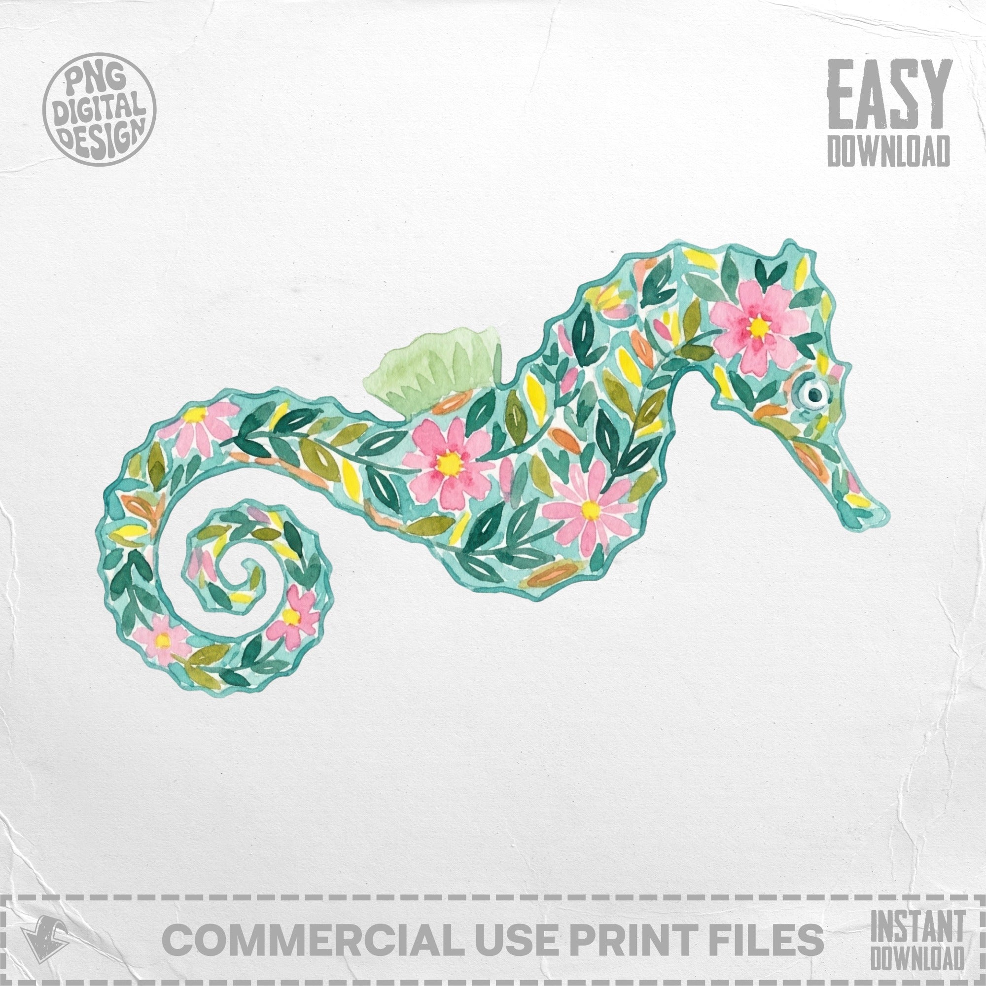 Watercolor seahorse with floral pattern, with "EASY DOWNLOAD" text.