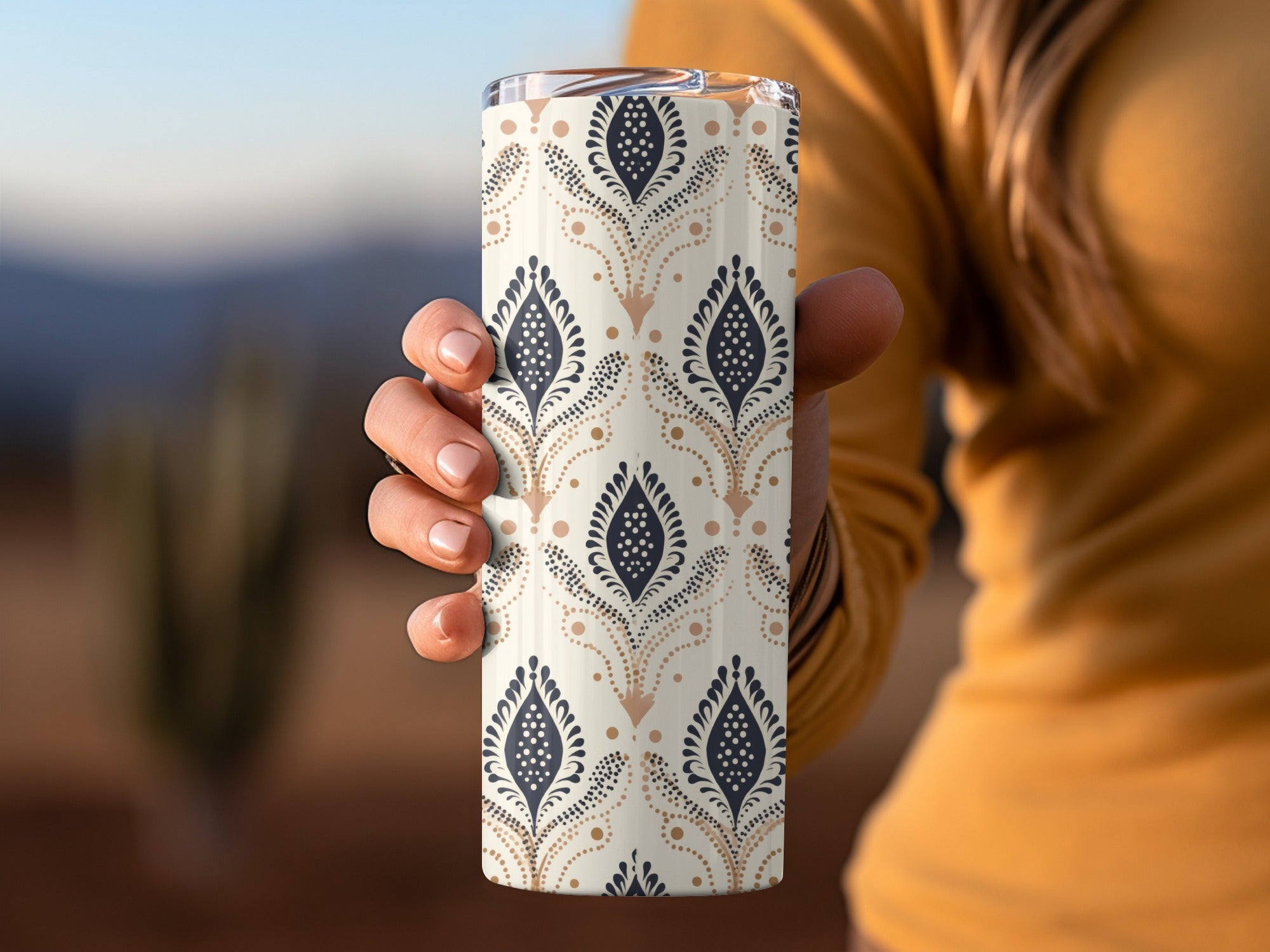 Elegant Black and Beige Patterned Tumbler Cup