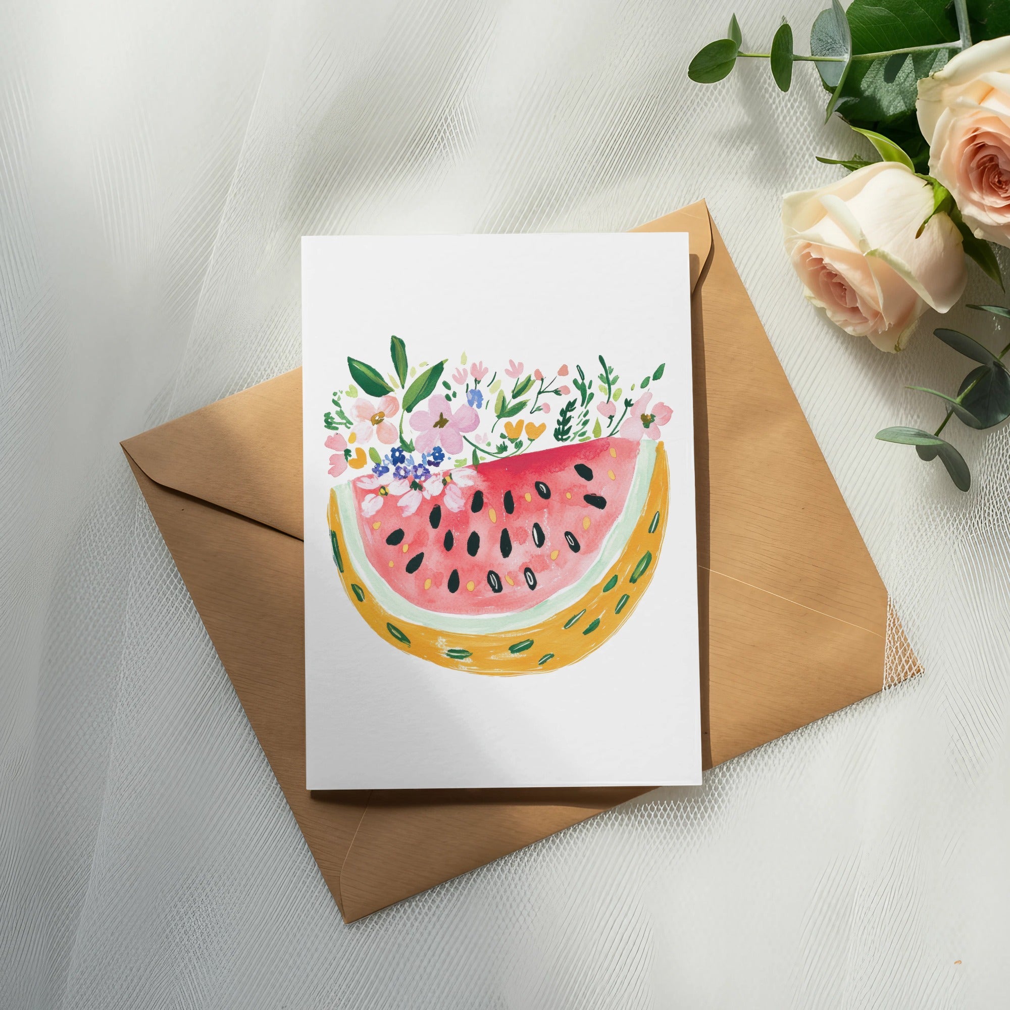 Watercolor watermelon slice with floral accents on a brown envelope.