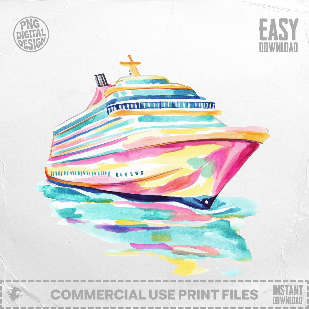 Colorful watercolor cruise ship sailing on reflective water.