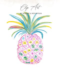 Watercolor pineapple clip art with colorful leaves and floral pattern.