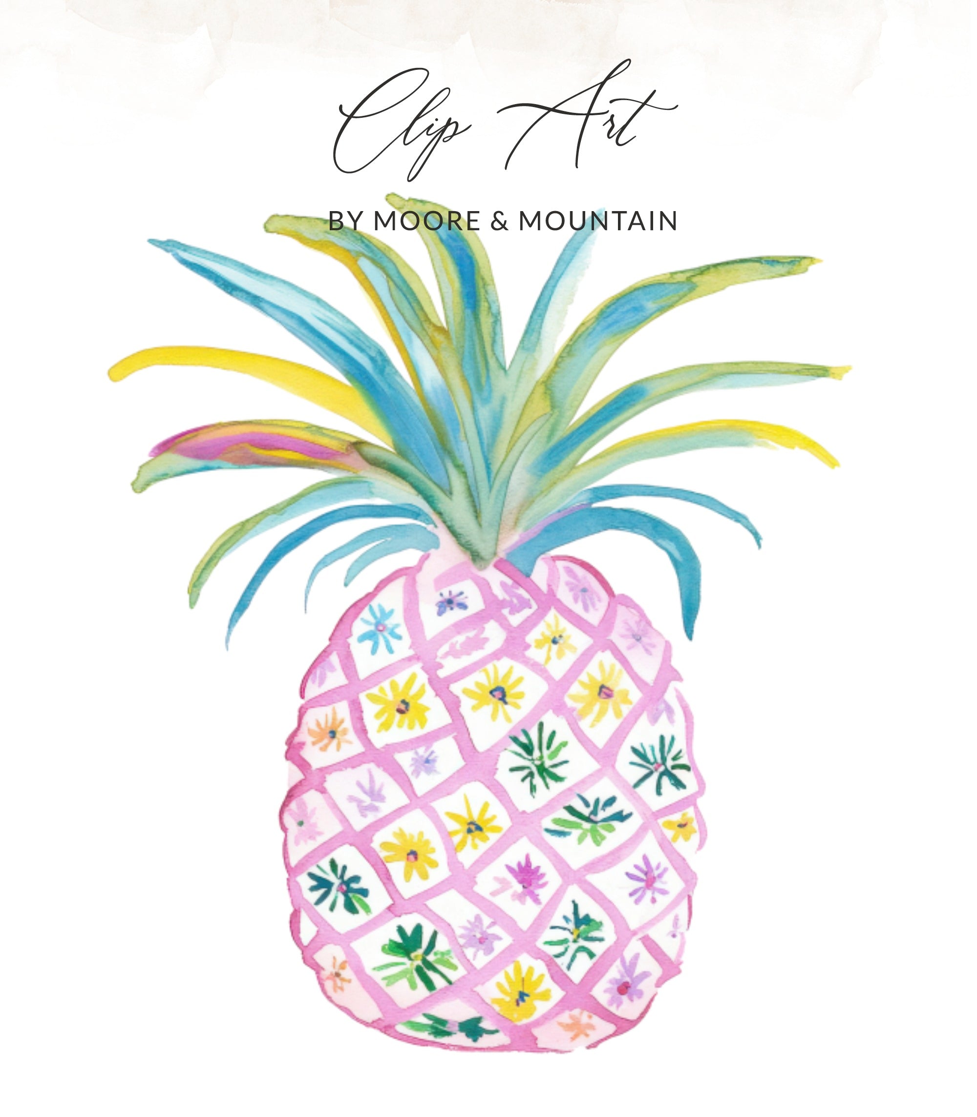 Watercolor pineapple clip art with colorful leaves and floral pattern.