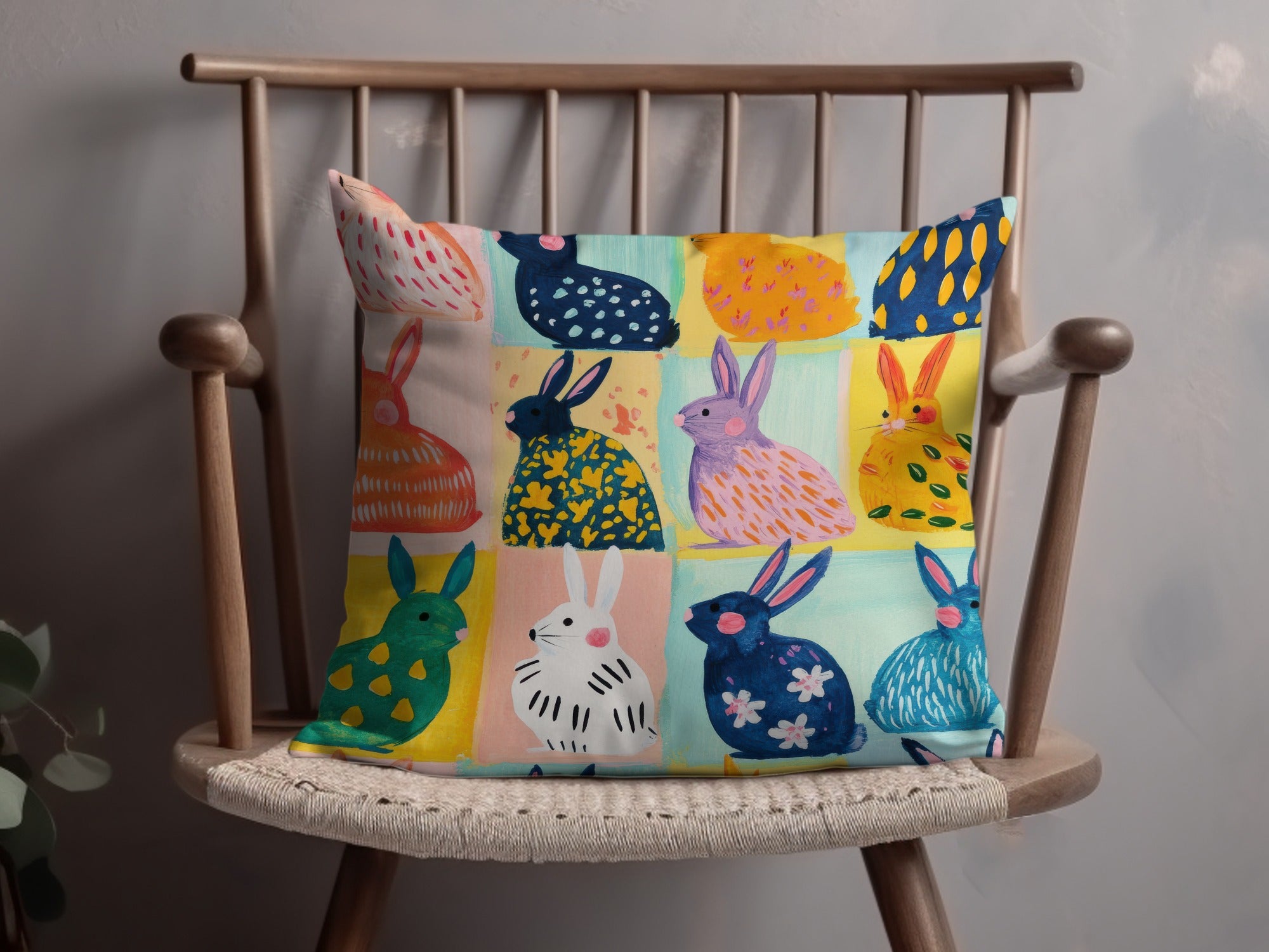 Colorful Hare Patchwork Design Throw Pillow Cushion
