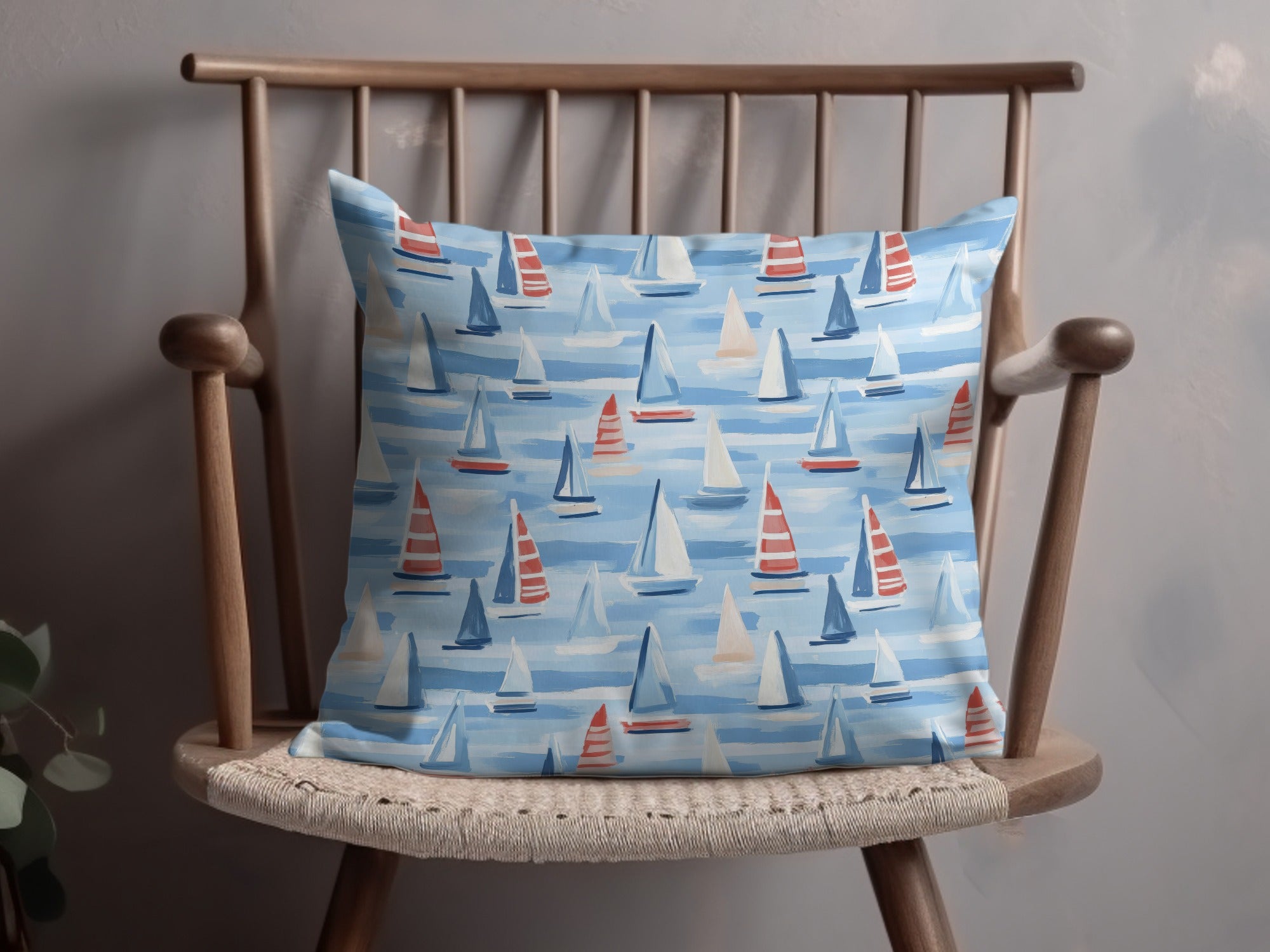 Nautical-Themed Decorative Cushion with Sailboat Print