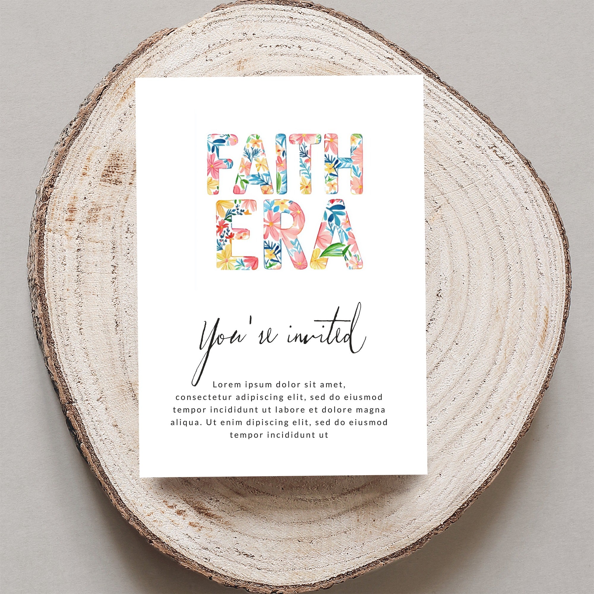Floral "FAITH ERA" text on an invitation with "You're invited" and placeholder text.