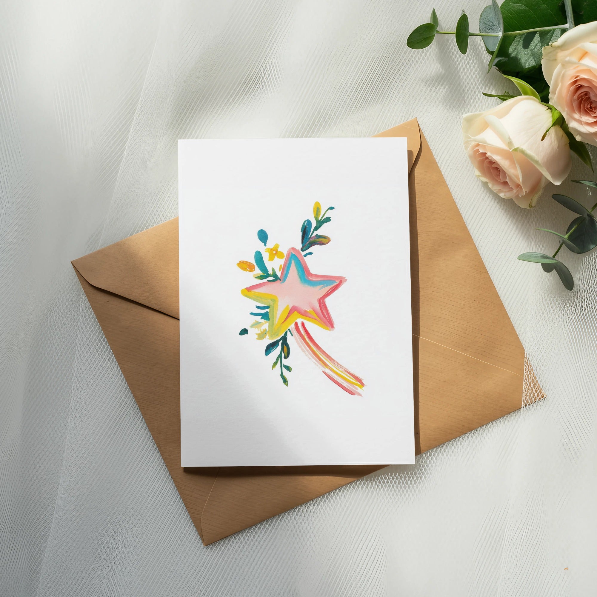 Greeting card with colorful shooting star design on kraft envelope.