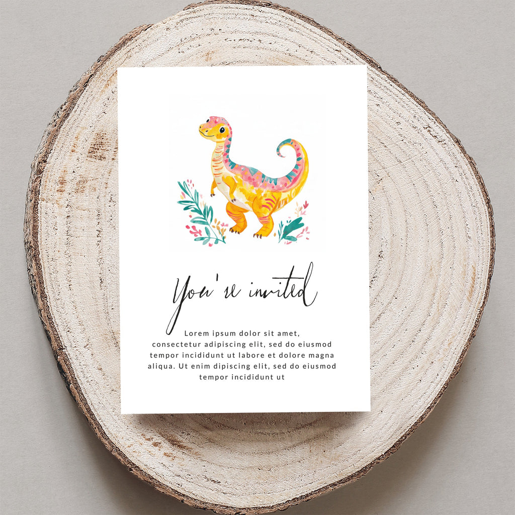 Invitation card with cartoon dinosaur and floral accents, featuring "You're invited" text.