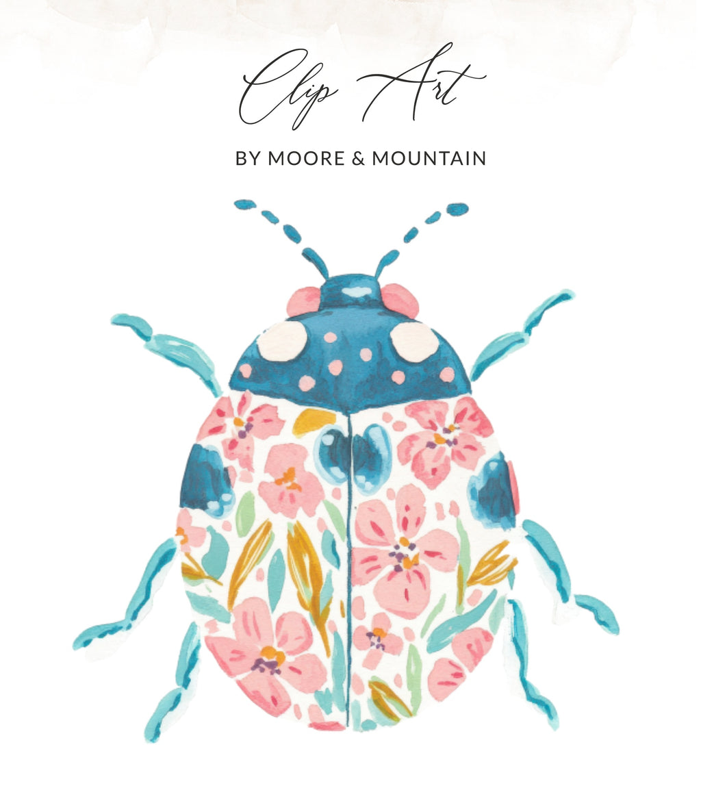 Blue and pink floral ladybug clip art by Moore & Mountain.