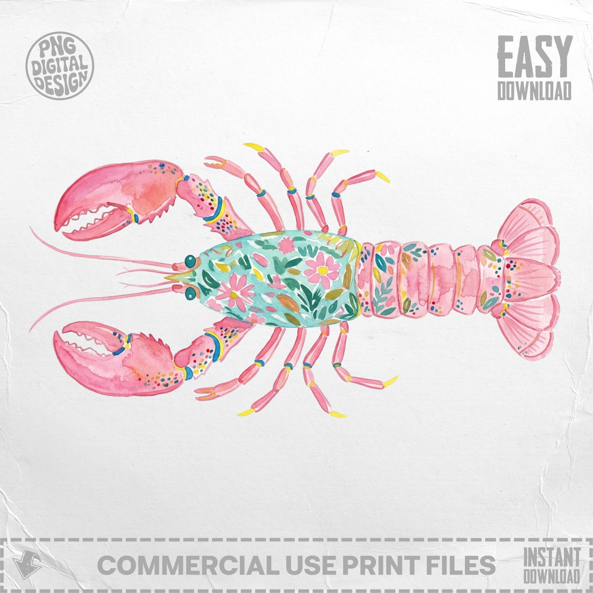 Watercolor lobster with floral pattern on body and pink claws.