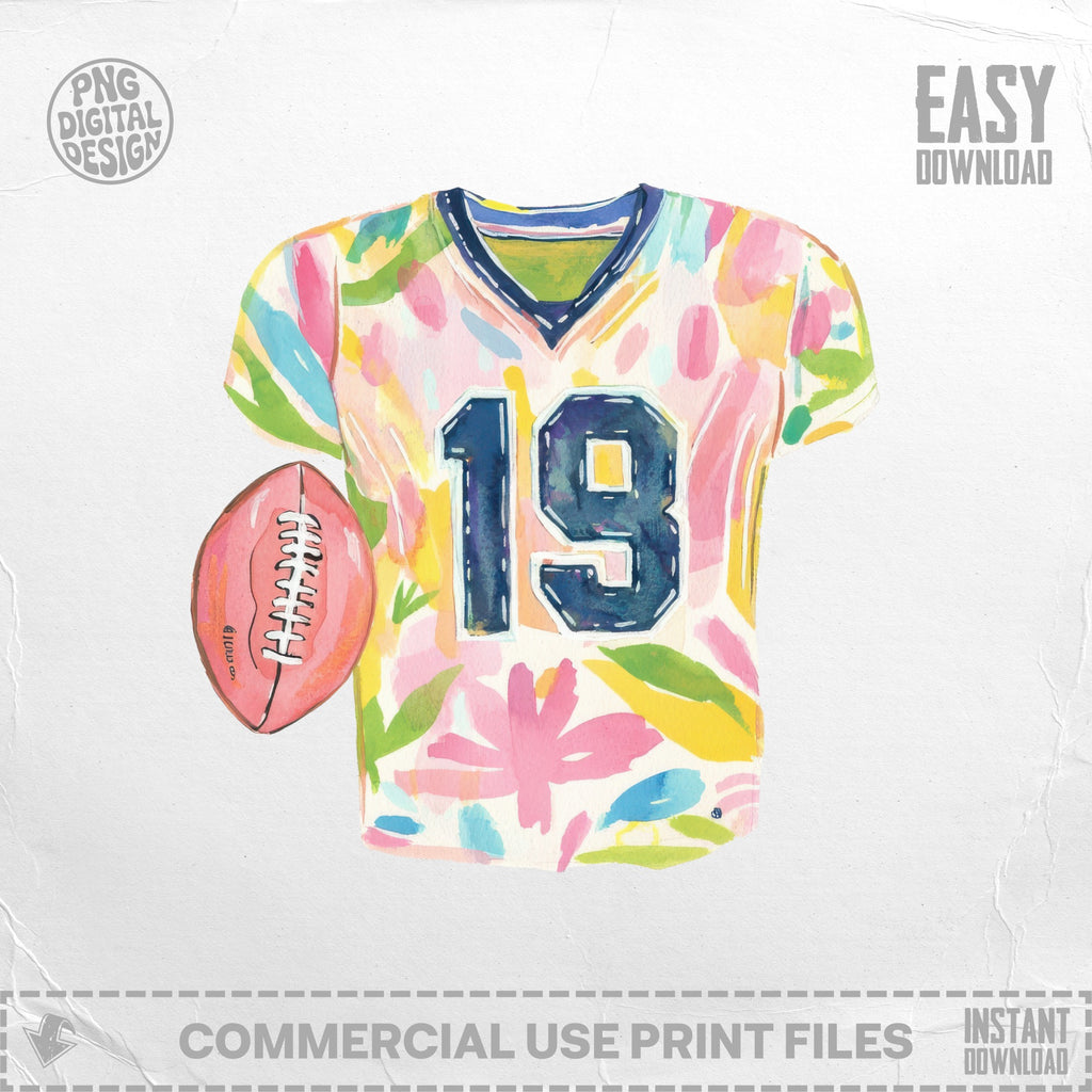 Watercolor jersey with "19" and football on floral background.