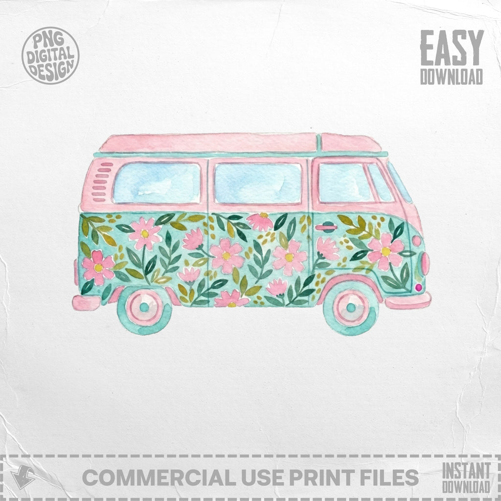 Pink and blue watercolor camper van with floral pattern.