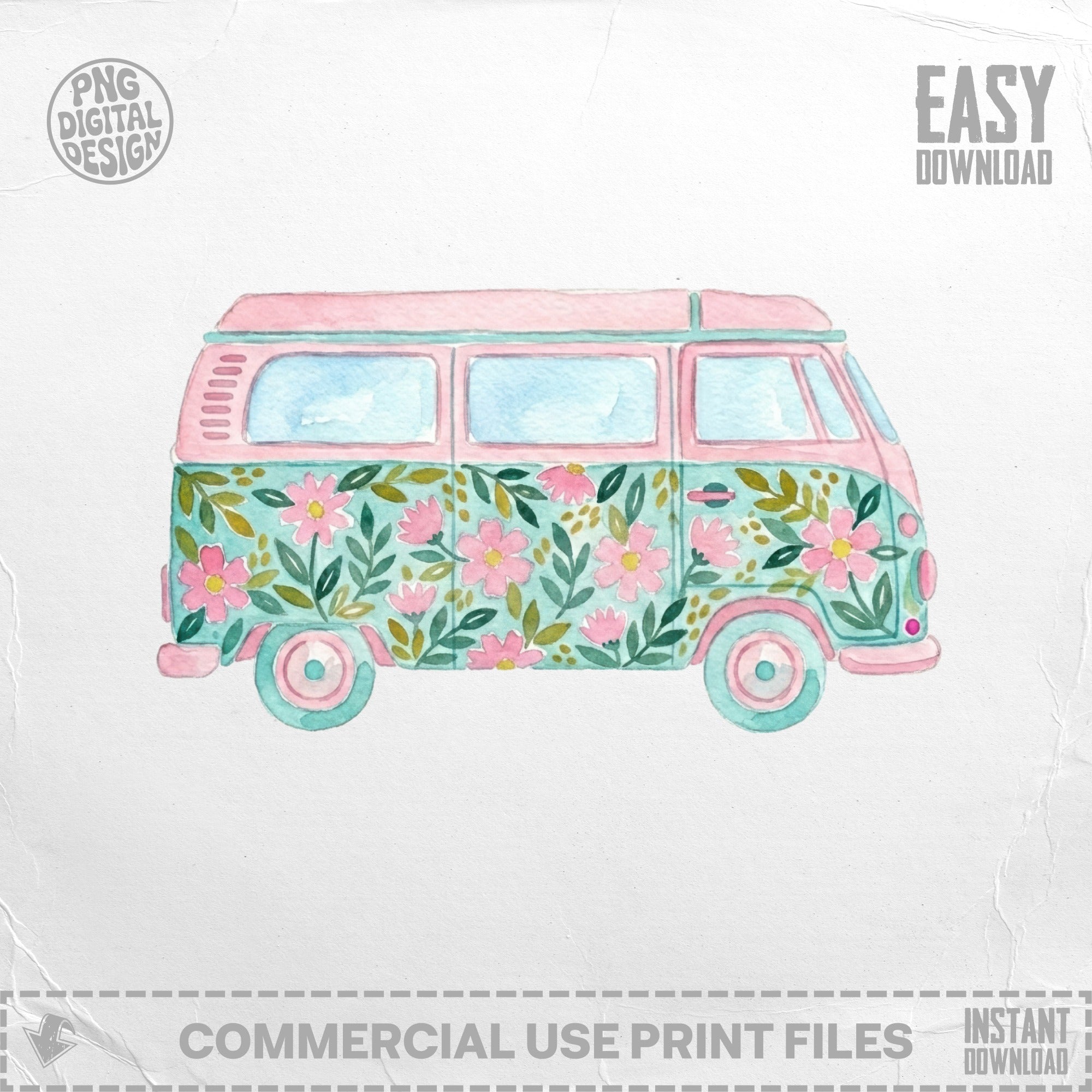 Pink and blue watercolor camper van with floral pattern.