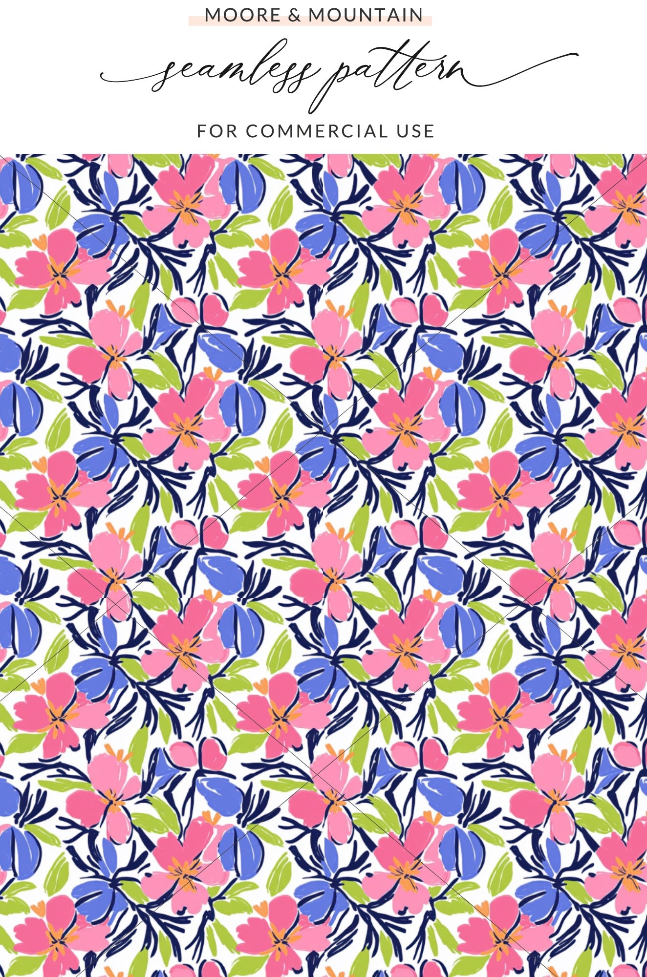 Floral pattern with pink, blue, and green flowers and leaves.