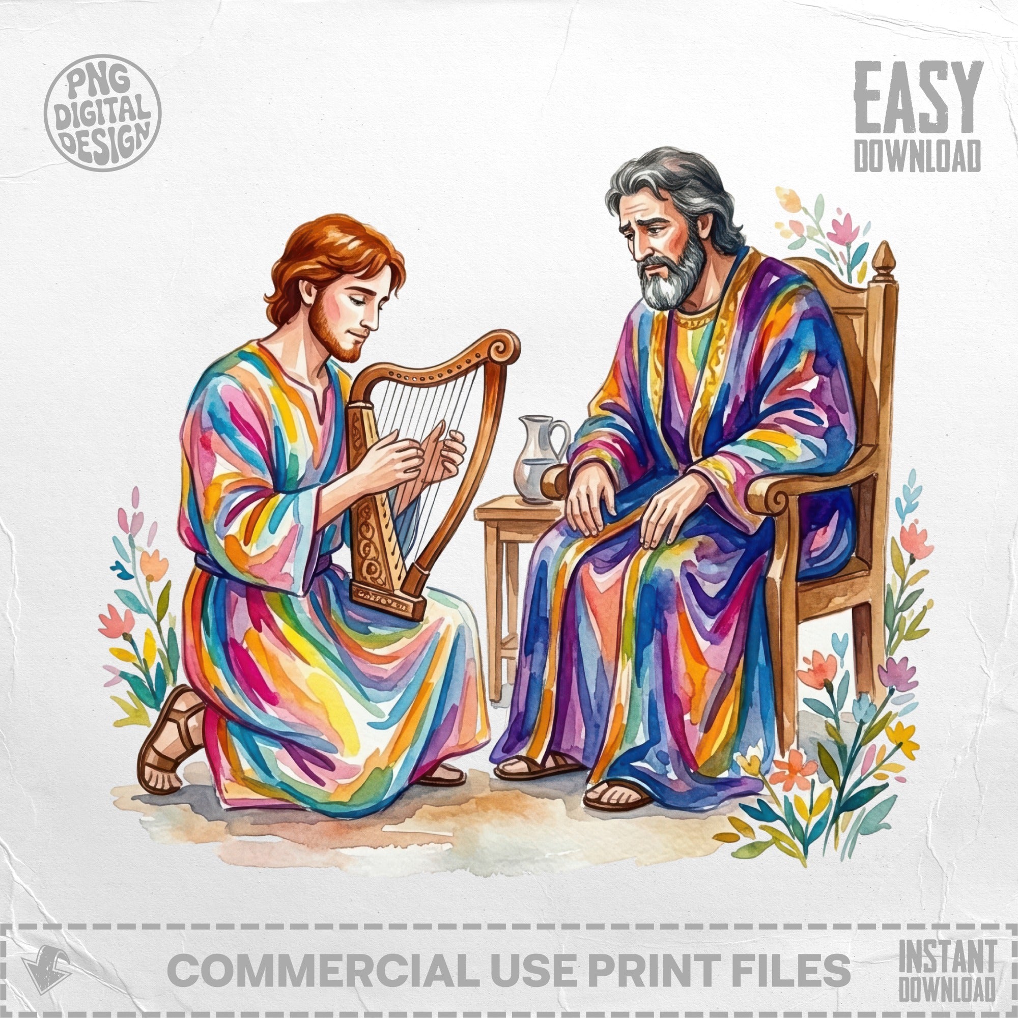 Two men in colorful robes, one playing a harp for the other.