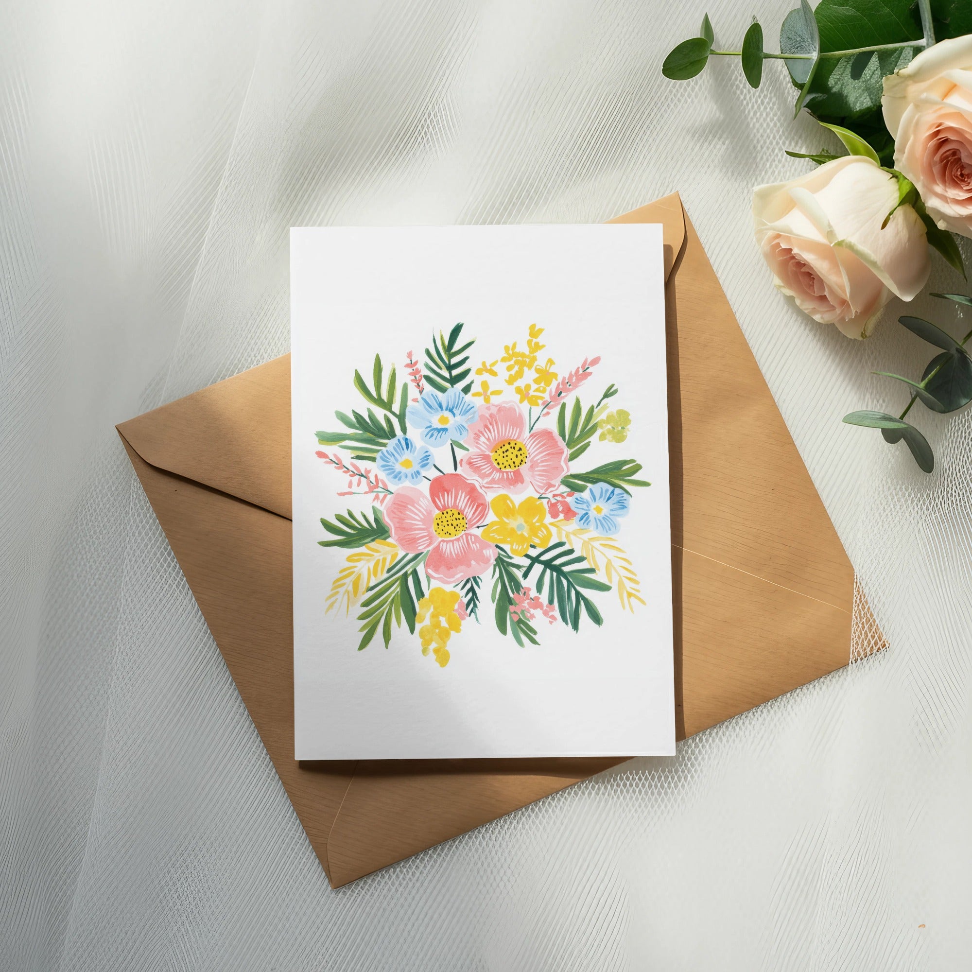 Floral art on card placed on brown envelope with roses and eucalyptus.