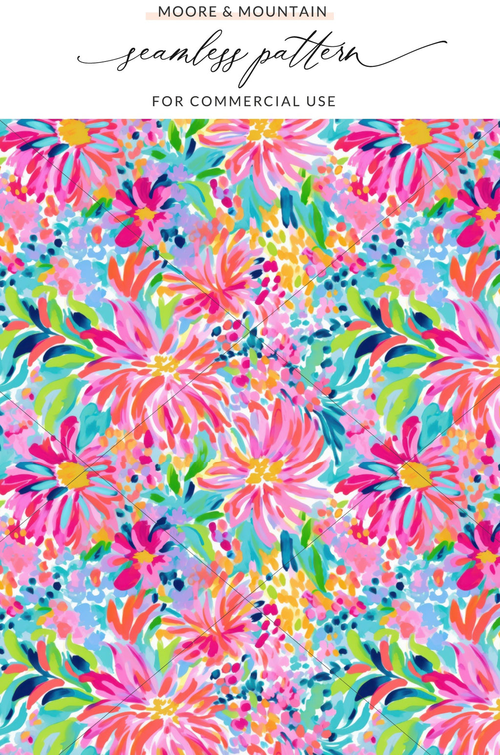 Bright floral pattern with pink, blue, and yellow flowers on a white background.