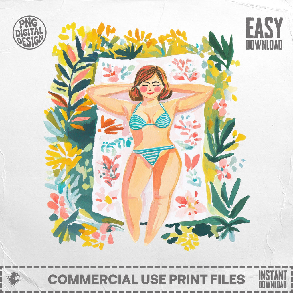 Woman in bikini sunbathing on beach towel with floral border.