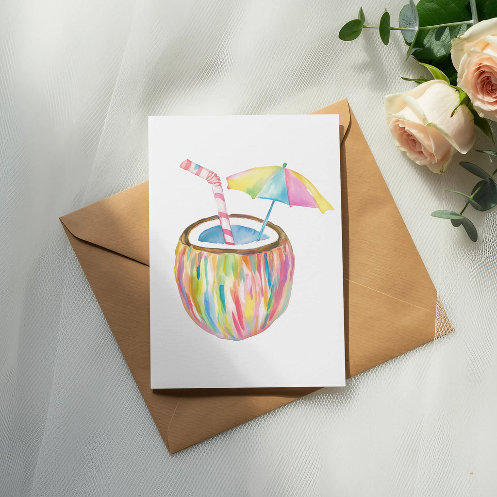 Watercolor painting of a colorful coconut drink with a straw and umbrella.