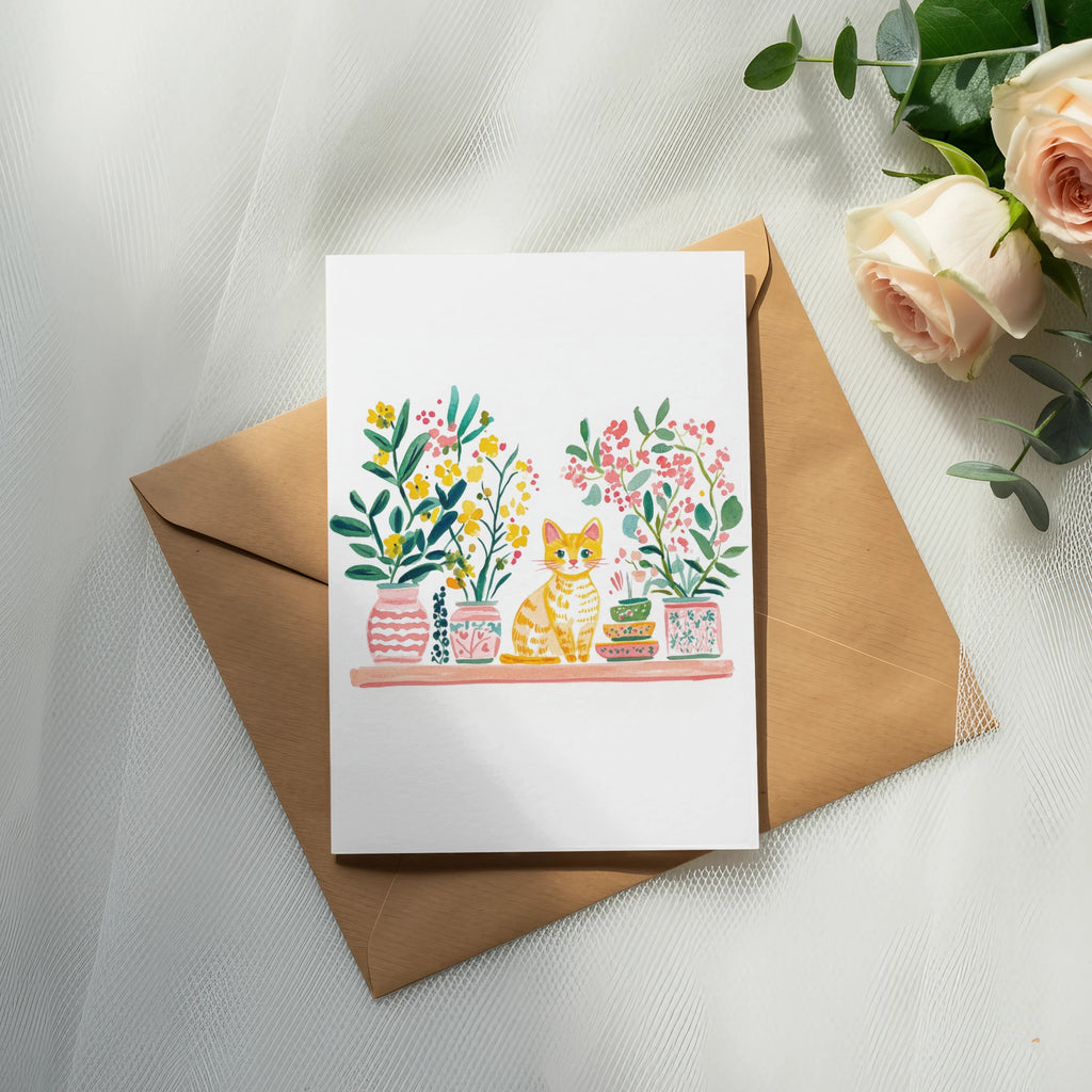 Watercolor illustration of a cat among potted plants on an envelope.