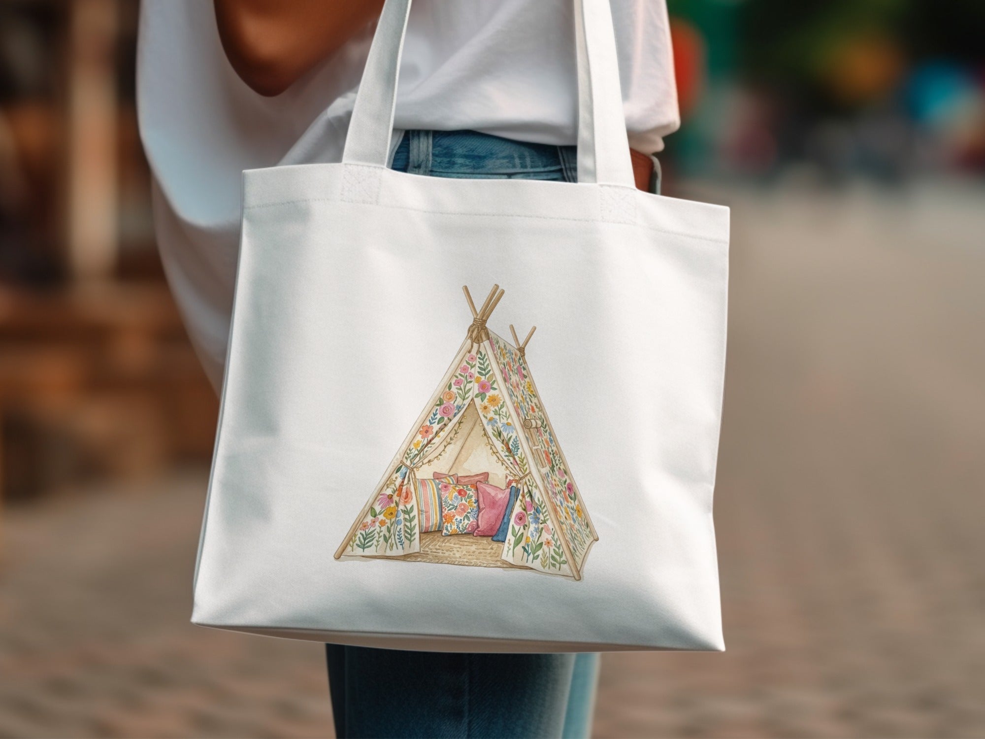 White canvas tote bag with a watercolor floral teepee design.