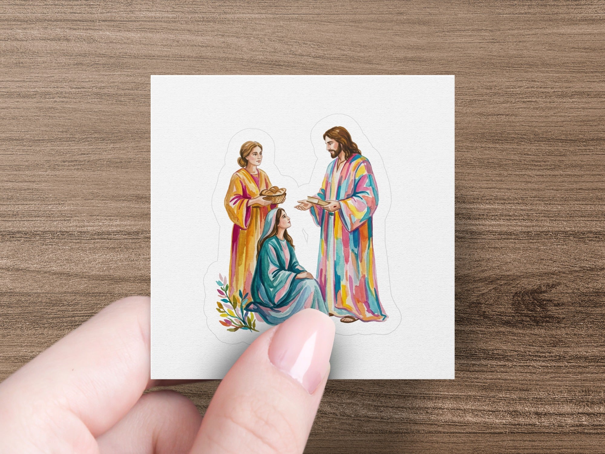Jesus and two women, one kneeling, receiving offerings.