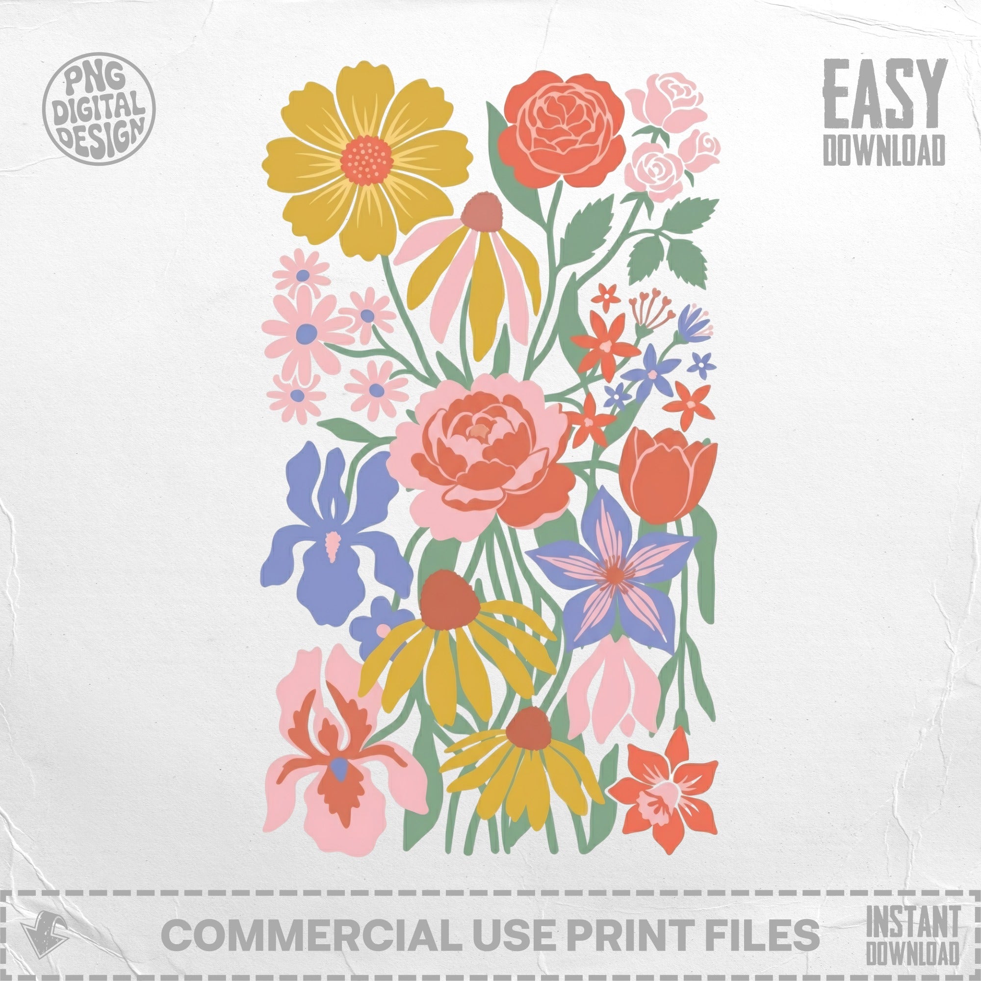Floral design with various colorful flowers and "PNG DIGITAL DESIGN" text.
